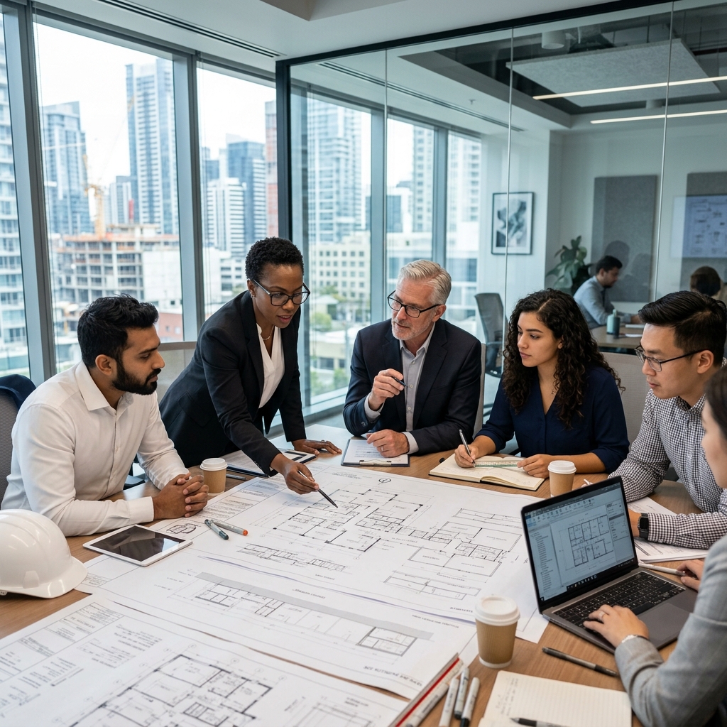 Equipe de engenheiros e arquitetos analisando planta